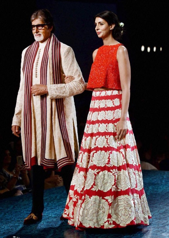 Bollywood actor Amitabh Bachchan alongwith daughter Shweta Nanda walk the ramp during fashion show 2015